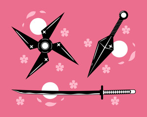 Ninja weapon kunai blade with shuriken star and katana sword samurai ronin pink petal sakura flowers circle sun japanese style pink background flat vector icon design.