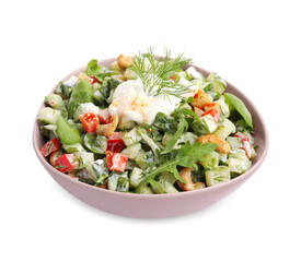 Bowl of delicious cucumber salad isolated on white