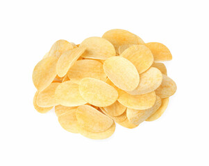 Heap of delicious potato chips on white background, top view