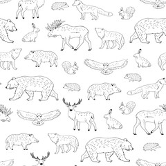 Forest animals vector line seamless pattern.