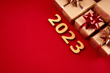 Merry Christmas and Happy New Year. Christmas, winter, new year concept. Holiday gifts. Greeting card, banner with place for text. Christmas gifts. Winter holiday xmas theme. Christmas green backgroun