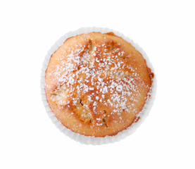 Tasty muffin powdered with sugar isolated on white, top view