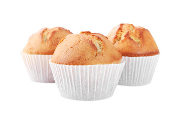 Tasty muffins in paper cups on white background