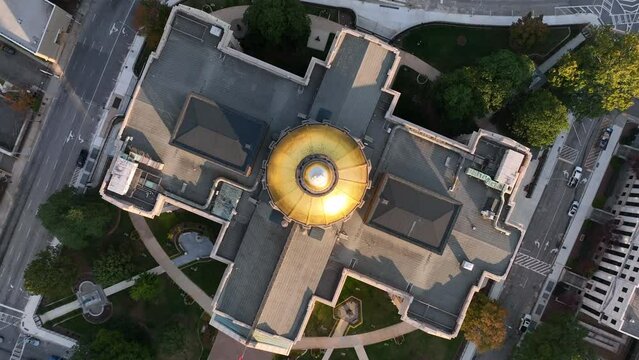 Top Down Orbit Of State Of Georgia Capitol Building And Dome In Atlanta GA. Home Of Governor, Senate And House Of Representatives In Deep South.