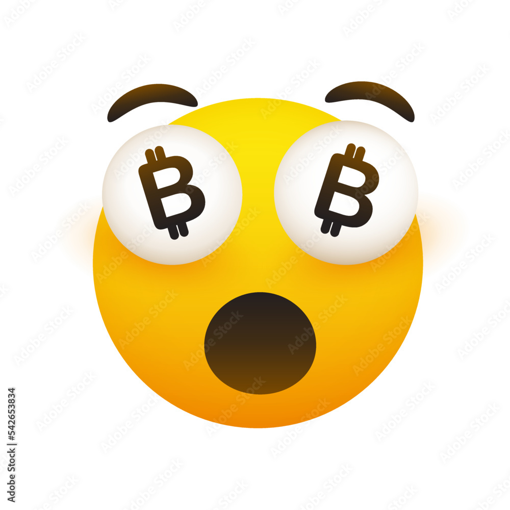Poster i've become rich - funny smiling emoji with open mouth and bitcoin signs in pop out eyes - simple ha