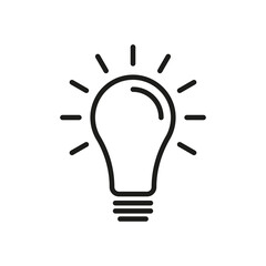 Light bulb with rays line icon. Lighting, electricity, electric, shine, wiring, glow. Thinking, creative idea, solution, strategy. Technology concept. Vector black line icon on a white background