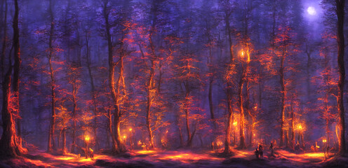 Fototapeta premium Magic fairytale fantasy painting of magic landscapes with candles, lanterns and full moon. Digital image painted dark fairytale fantasy forest in impressionism style. Generative AI