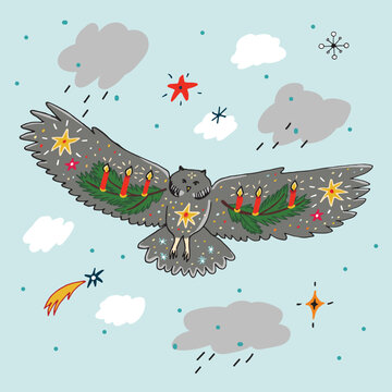 Forest animal owl christmas winter vector illustration poster.