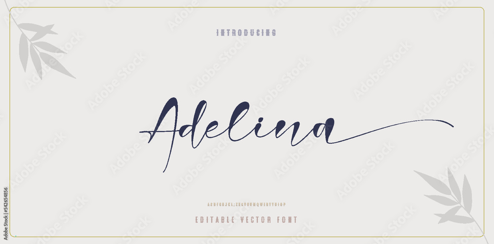 Poster adelina text elegant script alphabet letters font template on light background. classic lettering mi