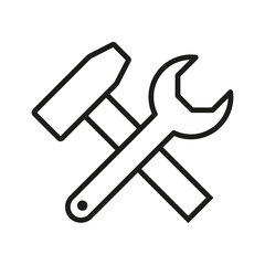 Hammer and wrench set icon. Tools, mend, fix, repair, build, construct, builder, technology, worker, service, engineer. Construction concept. Vector black line icon on a white background