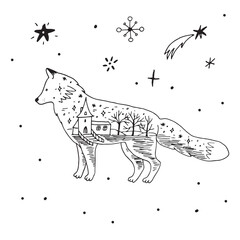 Forest animal fox christmas winter vector line illustration poster.