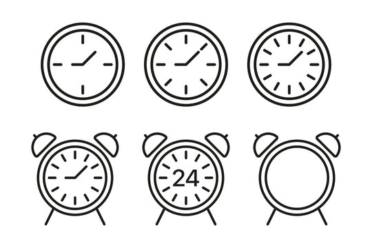 Alarm clocks set icon. Planning, watch, 24, around the clock, hand, schedule, morning, wake up, ring, reminder, event. Time management concept. Vector black set icon on a white background