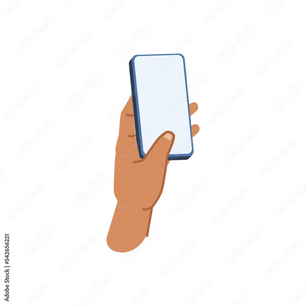 Aufkleber Arm of character using and holding smartphone. Isolated user texting or communicating via cell, empty or blank touchscreen with copy space. Vector in flat cartoon style