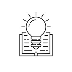 thin line light bulb with open book black icon