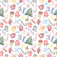 Seamless watercolor pattern with cute winter and christmas objects. Hand-drawn repeat paper . Design for clothing, textiles, postcards, wallpapers and wrappers