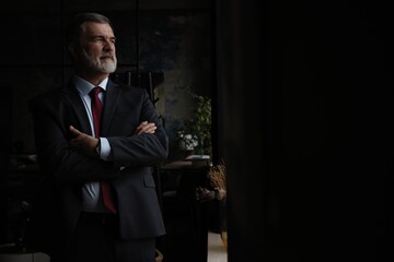 Confident mature business man with arms crossed looking at camera, smiling standing in modern office