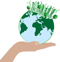 Green energy concept around the world with wind turbines, solar panels and city. Renewable sources of solar and wind energy. The human hand holds the green world. Vector illustration, flat style.