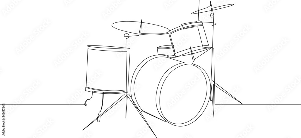Poster continuous line drawing of drum instrument. drum set minimalist line design. vector illustration.