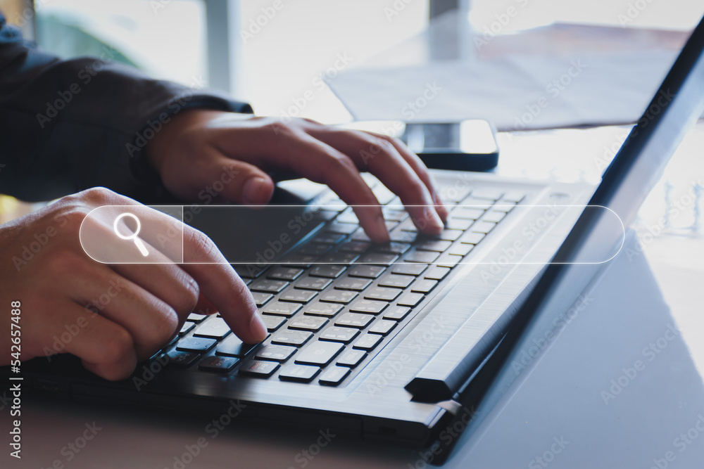 Poster data search technology search engine optimization. business people are searching for information in 