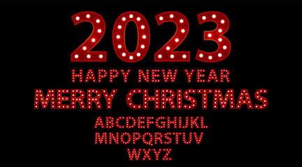 2023 happy new year merry christmas. Red letters with luminous glowing lightbulbs. Vector typography words design. Bright signboard signage.