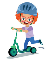 cute happy boy riding scooter