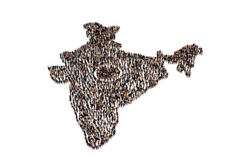  A large group of people with the Indian flag color create the Indian map, The Indian human 3D Flag-Map. A Crowd of little people. Teamwork, Unity of India, Strength of India, Human power, Democracy 
