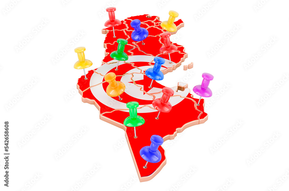 Poster map of tunisia with colored push pins, 3d rendering