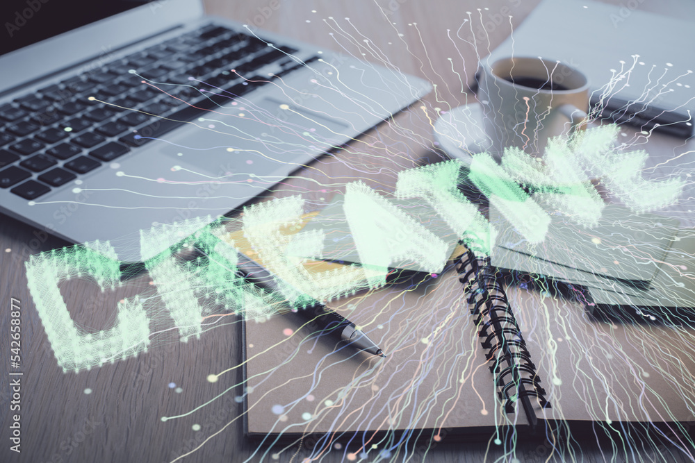 Poster Double exposure of creative drawing and desktop with coffee and items on table background. Concept of start up