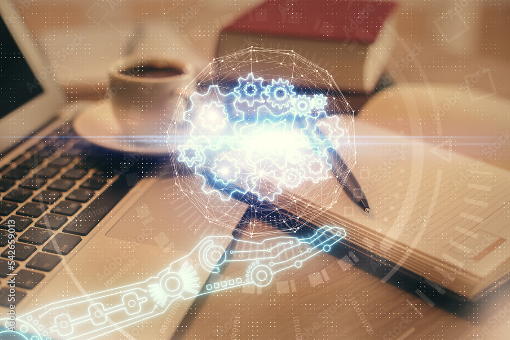 Poster Double exposure of technology theme drawing and desktop with coffee and items on table background. Concept of data research.