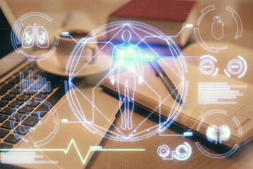 Double exposure of education theme drawing and desktop with coffee and items on table background. Concept of science