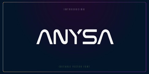 ANYSA text abstract technology space font lettering template on dark blue space background. techno and fashion fonts designs. Typography digital sci-fi movie concept. vector illustration