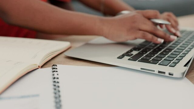 Remote work, black woman and hands typing on laptop for professional diary schedule update online. Management, admin and fast keyboard communication of business employee working from home.