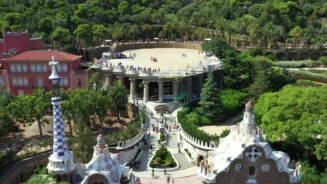 Parc Guell in Barcelona, seen from above, summer.