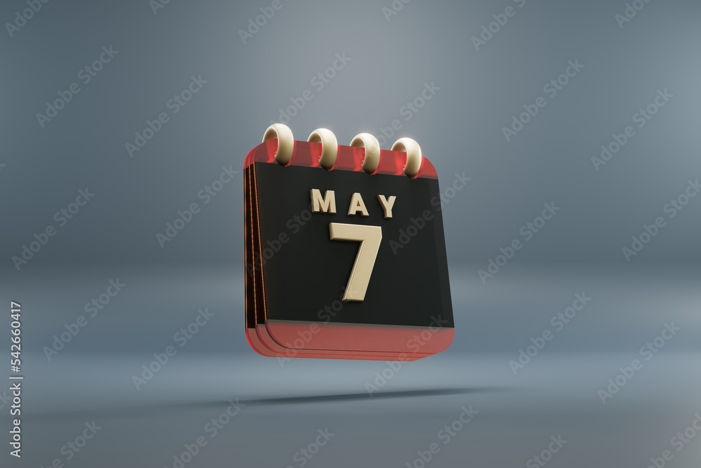 Poster Standing black and red month lined desk calendar with date May 7. Modern design with golden elements, 3d rendering illustration. Blue gray background..