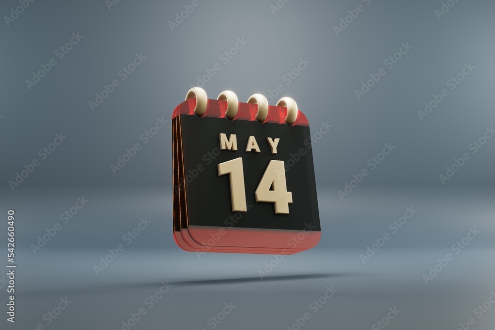Poster Standing black and red month lined desk calendar with date May 14. Modern design with golden elements, 3d rendering illustration. Blue gray background..