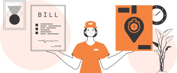 The guy holds a parcel and a check in his hands. Parcel delivery concept. Linear style.