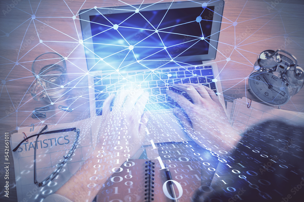 Poster double exposure of man's hands typing over computer keyboard and data theme hologram drawing. top vi