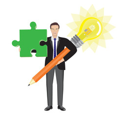 Smiling man with idea and solution. Holding jigsaw puzzle piece, pencil and lightbulb. Isolated on white. Vector illustration.