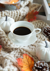 cozy autumn morning breakfast on table, coffee cozy..