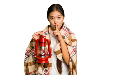 Young asian woman wearing a blanket and holding a lamp isolated keeping a secret or asking for silence.