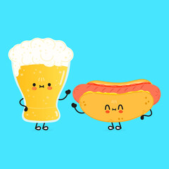 Cute, funny happy glass of beer and hot dog. Vector hand drawn cartoon kawaii characters, illustration icon. Funny cartoon glass of beer and hot dog mascot friends concept