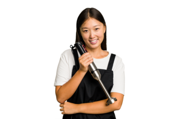 Young asian cook woman holding a blender isolated laughing and having fun.