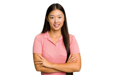 Young Asian woman isolated who feels confident, crossing arms with determination.