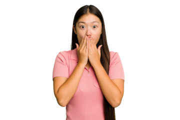Young Asian woman isolated shocked, covering mouth with hands, anxious to discover something new.