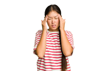Young Asian woman isolated touching temples and having headache.