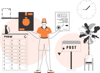 A man holds a parcel and a check in his hands. The concept of the delivery of goods and parcels. Linear modern style.