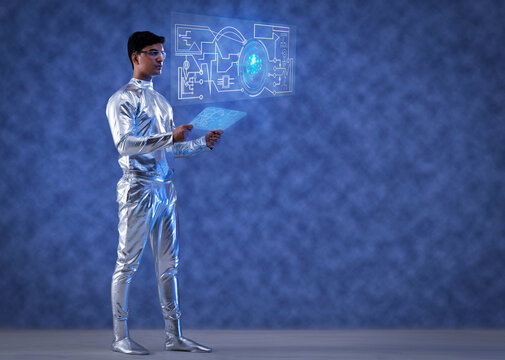 A man wearing silver, futuristic  clothes holding digital tablet, and looking at a virtual screen. A future technology concept