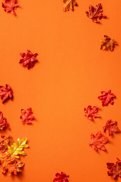 Maple leaves isolated on orange table background for design elements in autumn season.