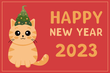 Happy new year 2023, Chinese new year. Cartoon postcard in flat style With the new year of the cat 2023 . Christmas banner with a cat.