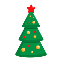 Vector flat illustration of a Christmas tree. New Year's green spruce decorated with toys on white background.